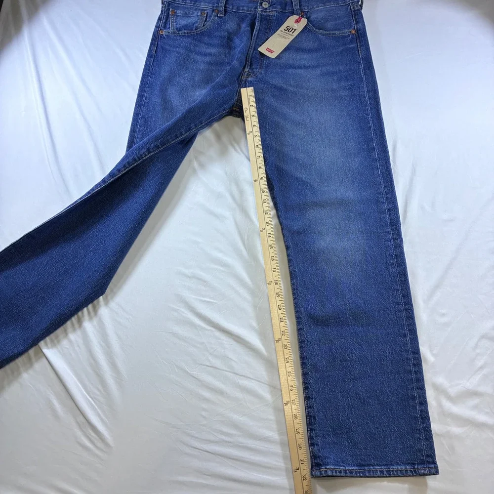 Levis 501 93 Straight Jeans Mens 38x32 Blue Stretch Denim Button Fly New